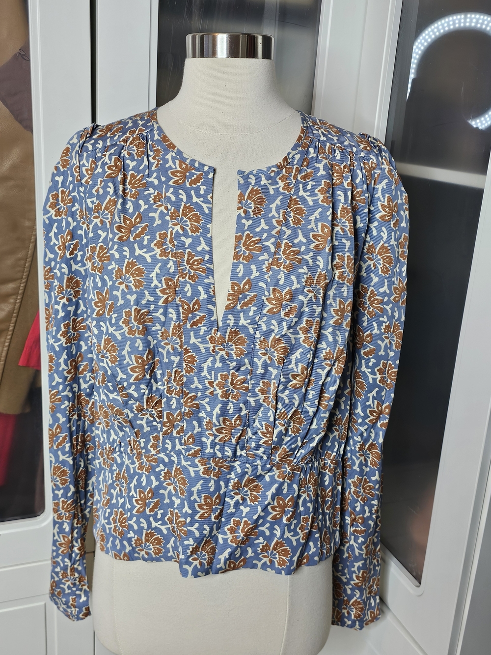NWT Joie Blue Floral Long-Sleeve Pleated Blouse